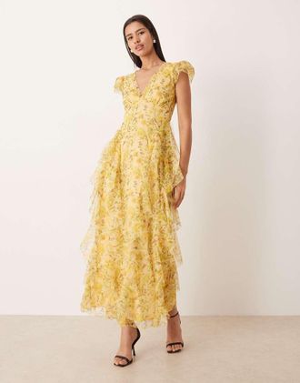 Lace & Beads Melody - Vestito lungo giallo a fiori in tulle con scollo a V e volant