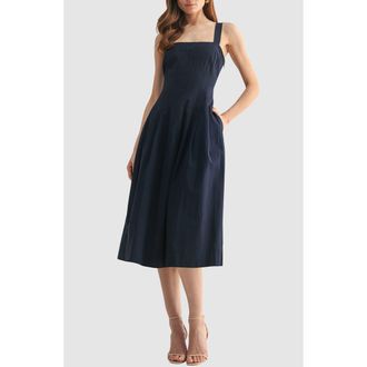 Mila Mae Pleated Cotton Midi Dress in Navy at Nordstrom Rack, Size Large