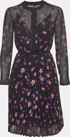 Maje Black Floral Print Chiffon Plisse Midi Dress
