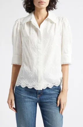 Reiss Edwina Floral Embroidered Button-Up Shirt in Ivory at Nordstrom, Size 14