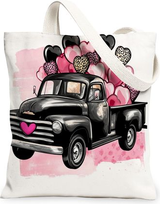 Generic Valentines Day Heart Print Canvas Tote Bags, Vintage Truck Design Reusable Grocery Bags, Lightweight Washable Shoulder Strap Canvas for Shopping Trave