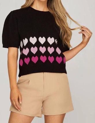 She + Sky Heart Puff Sleeve Sweater In Black