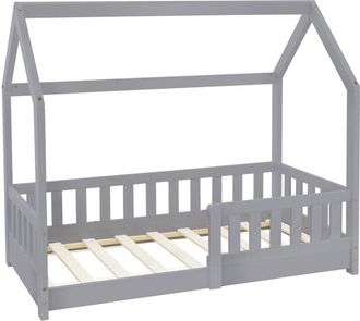 ML Design Letto a Forma di Casa per Bambini 70 x 140 cm con Protezione Anticaduta Rete a Doghe Legno di Pino Verniciato Grigio Lettino Bimbi Robusto e Facile