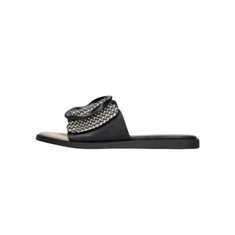Noa Harmon Schoenen, Dames, Zwart, 36 EU, Leer, Zwarte en Witte Papierstro Slippers