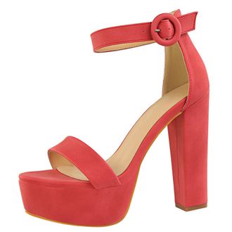 Generic Womens Chunky Heel Platform Sandals with Buckle Strap Open Toe Waterproof Platform 13.5cm Heel Perfect for Summer Parties and Night Out,Red,6.5 UK