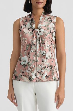 Kasper Floral Print Tie Neck Sleeveless Top in Tearose Multi at Nordstrom, Size X-Large