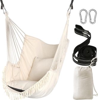 OEM Silla Colgante/hamaca Con 2 Almohadas Incluidas, Correas Y Ganchos Resistentes Para Colgar F&aacute;cilmente, Algod&oacute;n Suave, Bolsillo Lateral, Juego De Silla