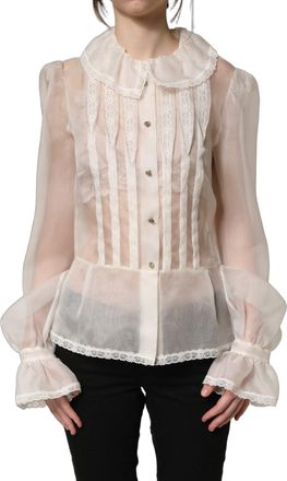 Dolce & Gabbana Womens White Ruffled Sheer Silk Buttoned Blouse Top Off Nylon