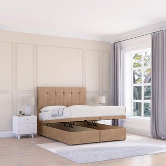 Sloomy Highbury Naples Fabric Ottoman Bed End Opening With Sprung Memory Mattress & 26 Inch strut Headboard in Light Sand | Size: Single