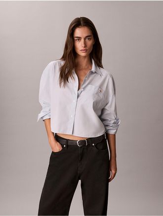 Calvin Klein Jeans Calvin Klein Womens Woven Monologo Cropped Poplin Button-Down Shirt - Blue - XL