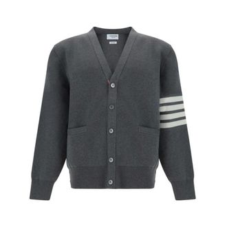 Thom Browne Cardigans, male, Gray, Size: L Cotton Crepe 4-Bar Milano Stitch Cardigan