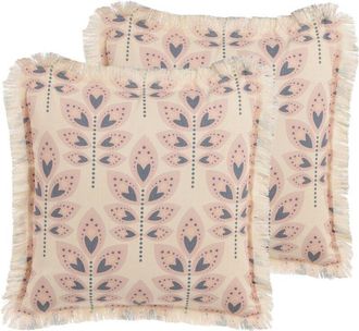 Beliani Beliani - Conjunto De Cojines Almohadas Minimalista Motivo Hojas Impresi&oacute;n Flecos Borlas 60 X 60 Cm Beige Rudbeckia