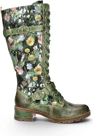 Laura Vita Womens Victorian Floral Green Leather High Lace-Up Long Boots - Cocrailo-82