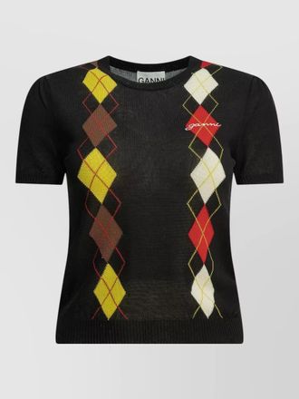 Ganni argyle knit crewneck short sleeve sweater