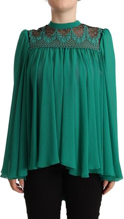 Alberta Ferretti Green Lace Polyester Long Sleeves Pleated Top Womens Blouse (Pre-Owned)