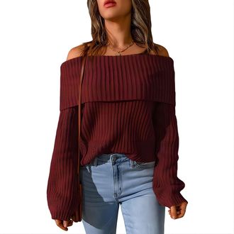 Generic Womens Oversized Sweater Solid Color Off Shoulder Pullover Sweater Knitted Thick Striped Top, Dark Wine Red, Small