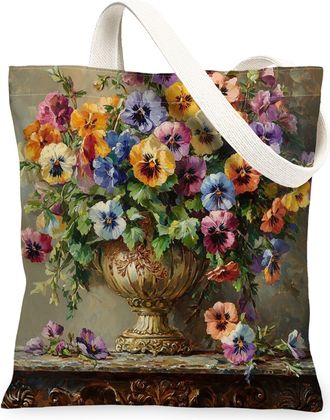 Generic Spring Farmhouse Pansy Canvas Tote Bag for Shopping 13x15, Rustic Farm Floral Reusable Grocery Print Bag for Women, Country Flower Beach Aesthetic Pai