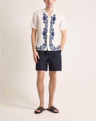 Orlebar Brown Maitan Linen Relaxed Fit Linen Mirabello Border Shirt in White/night Iris at Nordstrom, Size Xx-Large