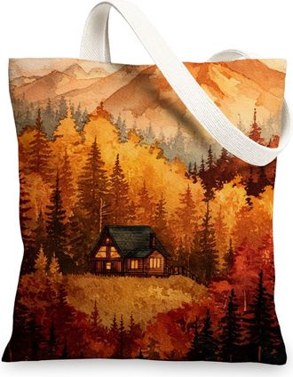 Generic Autumn Canvas Tote Bags, Rustic Forest Design Reusable Grocery Bags, Lightweight Washable Shoulder Strap Canvas Bags for Gym Outdoor Travel Beach Picn