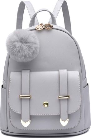 I Ihayner Girls Fashion Backpack Mini Backpack Purse for Women Teenage Girls Purses PU Leather Pompom Backpack Shoulder Bag Grey