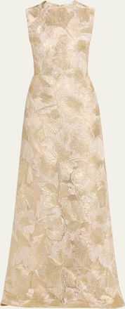 Reem Acra Metallic Floral Embroidered Sleeveless Gown