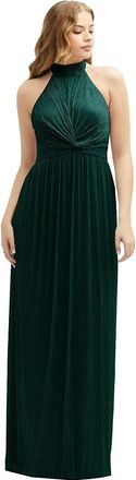 After Six Band Collar Halter Open-Back Metallic Pleated Maxi Dress