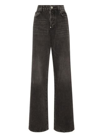 Philipp Plein logo-embroidered jeans - women - Cotton/Polyester/Calf Leather/Polyester/Cotton - 27 - Grey