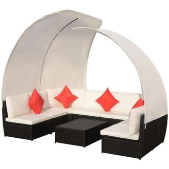 vidaXL Set Muebles De Jard&iacute;n 9 Pzas Con Toldos Rat&aacute;n Sint&eacute;tico Negro Vidaxl