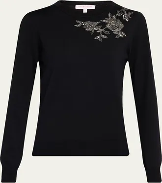 Carolina Herrera Flower Beaded Silk-Cotton Crewneck Sweater