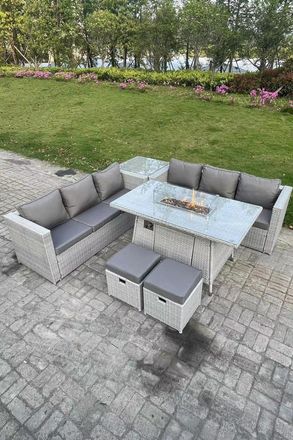 Fimous Rattan FirePit Garden Furniture Set Gas Heater Burner Lounge Sofa Dining Table Side Coffee Table in Light Grey