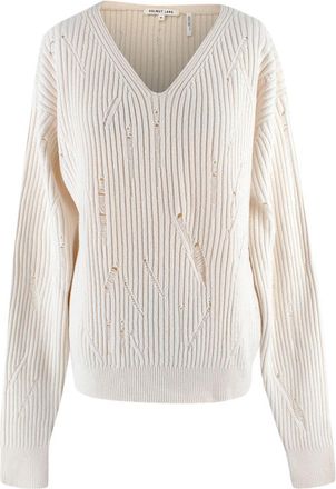 Helmut Lang Ivory Distressed V-Neck Wool Sweater Size M