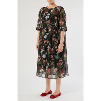 Marina Rinaldi Kaki Floral Print Voile Midi Dress in Black at Nordstrom, Size 20W