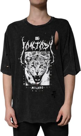 Dolce & Gabbana Mens Leopard Graphic Tee Distressed - Black Cotton - Size EU 52 (Mens)