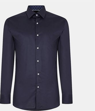 HUGO BOSS Mens Button Placket Point Collar Long Sleeve Oxford Shirt - Navy - Size: 16.5 inch
