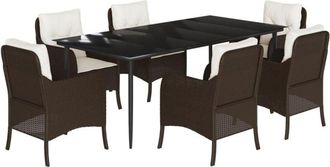 vidaXL 7 Piece Garden Dining Set with Cushions Brown Poly Rattan Vidaxl