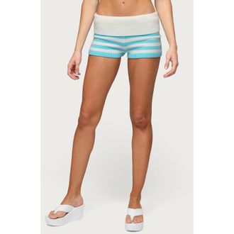 Edikted Saphi Stripe Foldover Waist Knit Shorts in Turquoise-And-White at Nordstrom, Size X-Small