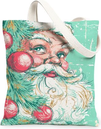 Generic Christmas Santa Canvas Tote Bags, Vintage Holiday Design Reusable Grocery Bags, Lightweight Washable Shoulder Strap Canvas, Mint Green, 13x15 Inch