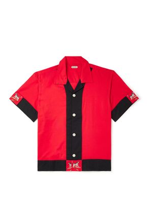Bode Camp-Collar Embroidered Two-Tone Cotton Shirt