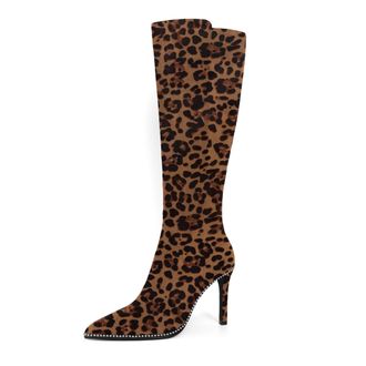 elashe Womens Suede Knee High Boots Leopard Ladies Knee length Long Heeled Boots for Women UK with Beads Stiletto 9.5 CM(3.75 inches) High Heels Pointed Toe 