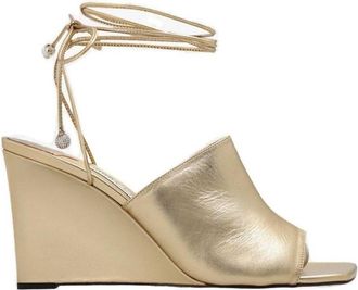 Jimmy Choo London Elyna 85 Metallic Wedge Sandals, Brand Size 37.5 ( US Size 7.5 )