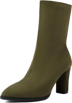 Generic Womens Mid-Calf Ankle Boots Suede-Like Fabric Pointed Toe Block Heels Elastic Cuff Design Stylish Footwear For Daily Wear Evening,Green,5.5 UK