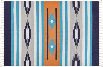 Beliani Alfombra Kilim De Algod&oacute;n Azul Gris Naranja 200 X 300 Cm A Mano Geom&eacute;trico Borlas Noratus
