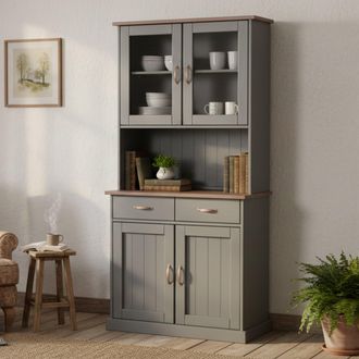 Dmora Buffet Avec 2 Portes Ferm&eacute;es, 2 Vitrines Et 2 Tiroirs, En Pin Massif Peint En Gris Avec Plateau Et Finitions Marron, 90x45x191 Cm - Dmora