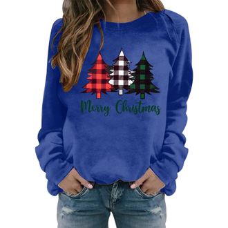 Generic Ladies Fashion Round Neck Merry Christmas Tree Print Long Sleeve Top Sweatshirt Womens Sweatshirts Long Sleeves Pullovers Top (Blue, L)