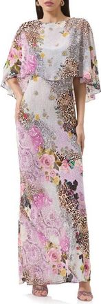 AFRM Izel Mix Print Maxi Slip Dress with Removable Cape in Natural Patchwork at Nordstrom, Size X-Small