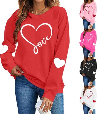 Generic Women Love Heart Print Sweatshirt Crew Neck Long Sleeve Casual Pullover Tops Basic Jumper Tunic Blouse Shirts Autumn Winter Soft Loose Fit Valentines 