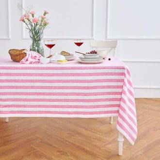 Solino Home Linen Tablecloth for Dining Table, Holiday and Everyday Dining Table Decor - Sorrento Stripe in Chateau Rose And White at Nordstrom, Size