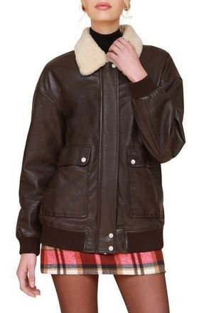 Avec Les Filles Leather Bomber Jacket with Genuine Shearling Collar in Espresso at Nordstrom Rack, Size Large