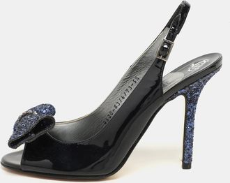 Gina Blue Patent Leather And Glitter Bow Embellished Peep Toe Slingback Pumps