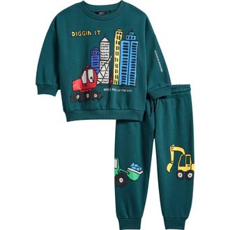 Next Kids Construction Graphic Sweatshirt & Joggers Set in Green Multi at Nordstrom, Size 1.5-2Y